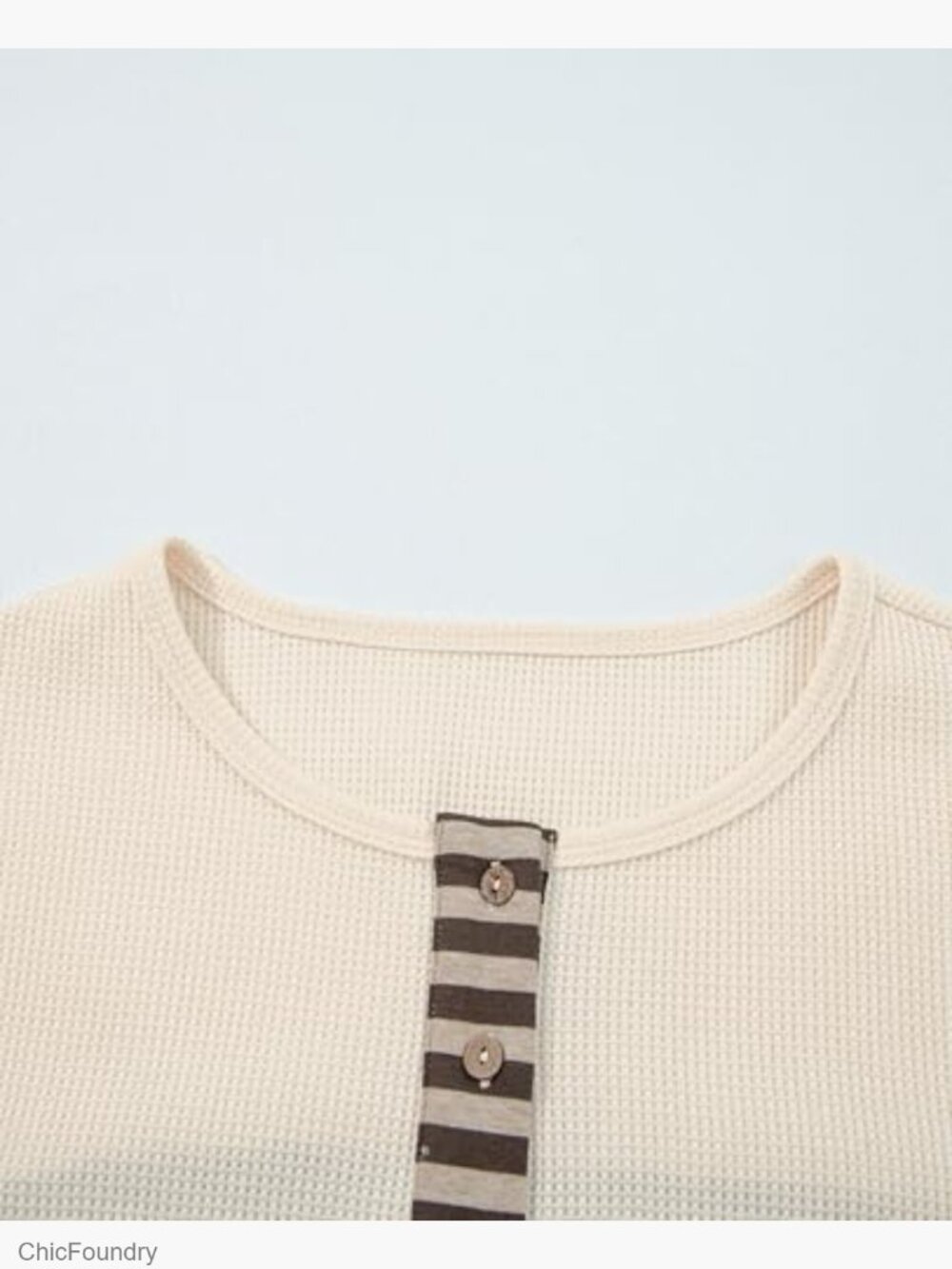 Long Sleeve Henley Waffle Knit Top Patchwork Sweatshirt Relaxed Fit - Picture 4 of 7